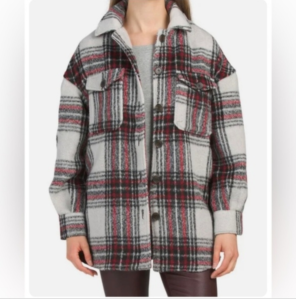 7 For All Mankind Plaid Red Black Shirt Jacket Oversized Large Flannel Button-up